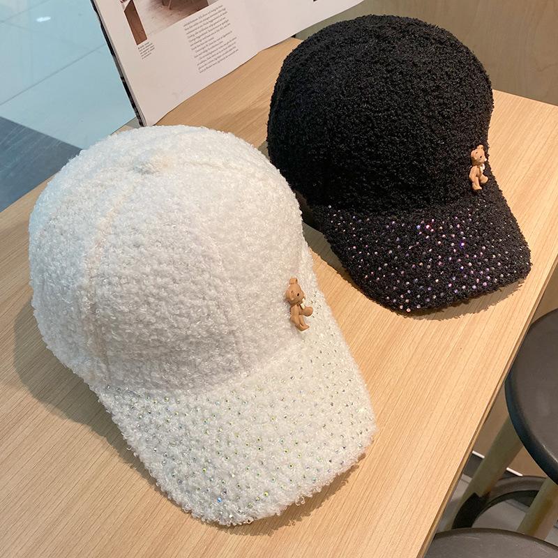 Korean Autumn and Winter Fashion Diamond Brim Plush Baseball Hat Korean Style Cute Little Bear Warm Baseball Cap Trendy