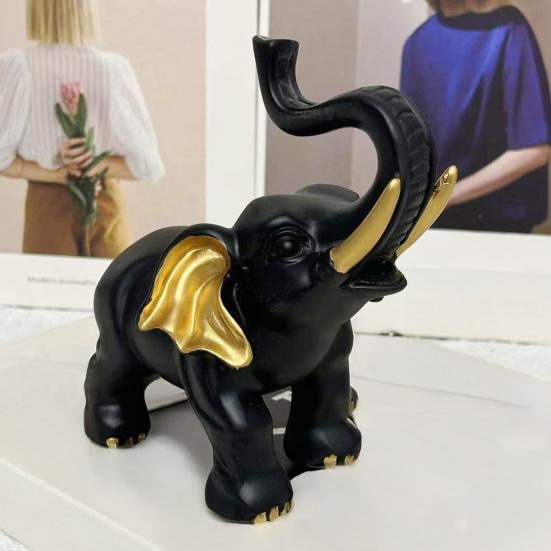 Elephant Ornament Black Golden Animal Design Resin Figurine Symbolizing Good Luck Strength Wisdom Elephant Sculpture