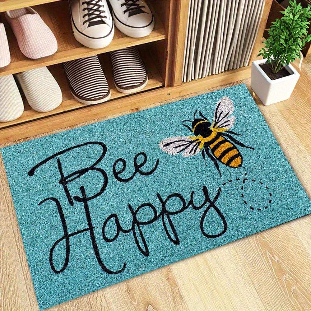 "Bee Happy" Funny Greeting Welcome Doormat, Non Slip Floor Mat for Entryway Living Room and Kitchen, Indoor Outdoor Home Decor
