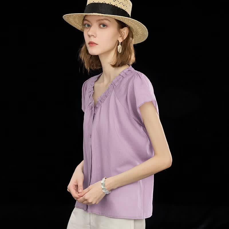 Wudao Summer Tencel Ramie French V-Neck Pleated Shirt
