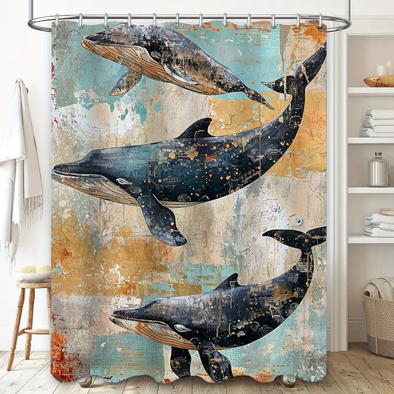 3D Printed Whales Bath Shower Curtain Waterproof Non-Slip Decorative Ocean Life Print For Bathroom