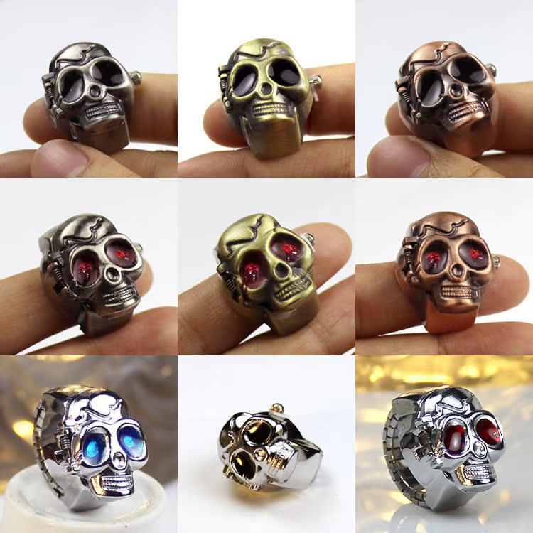 Men's Gothic Antique Silver/Bronze Skull Ring Watch with Ghost Head Design