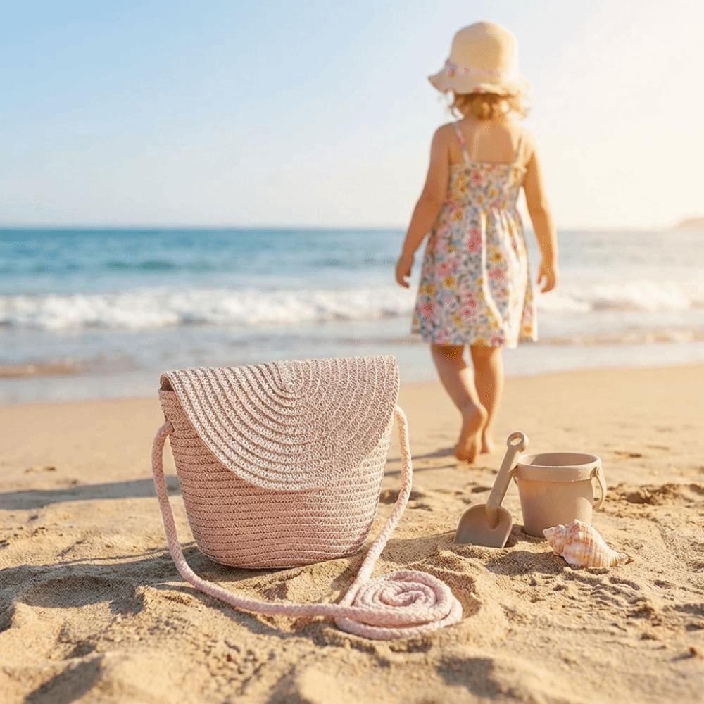 Shell Shape Kid Woven Crossbody Bag Pure Color Rattan Bag Cute Children Straw Bag  Girls