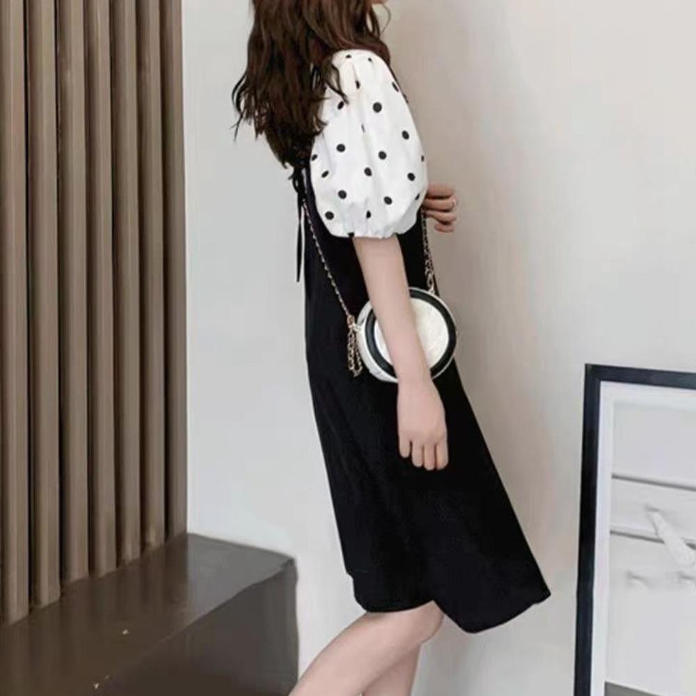 A-line Suspenders Dresses Women Dot T shirt Dress All-match Two Piece Set Dress Student