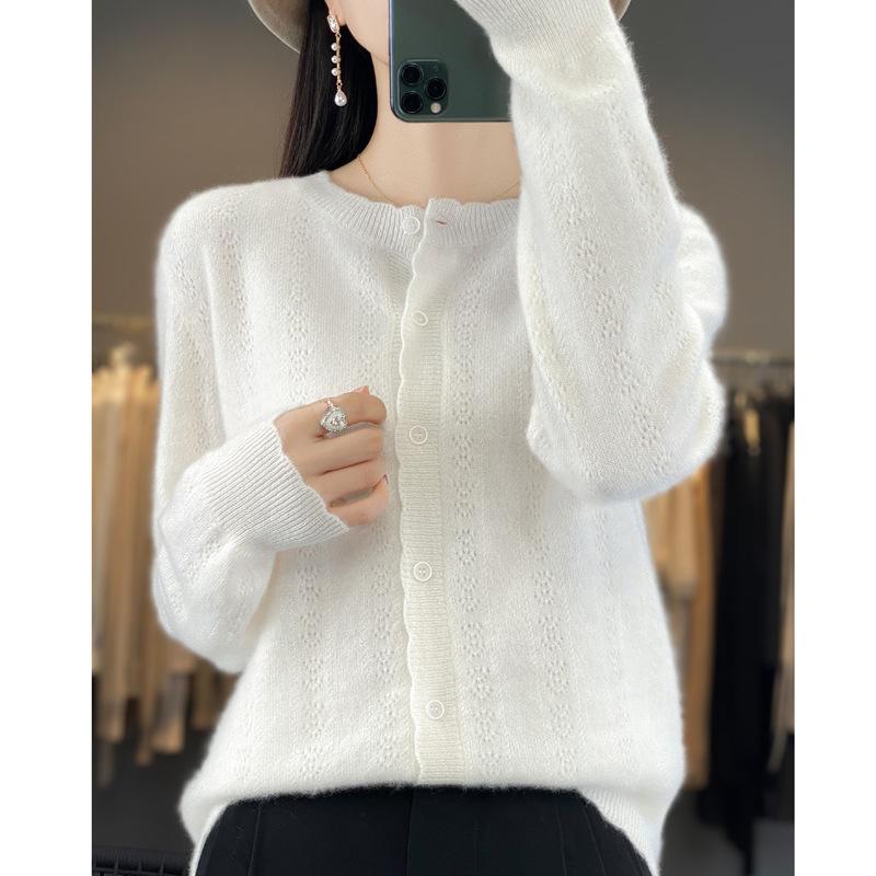 New Round Neck Hollow Wool Cardigan for Autumn and Winter for Women, Loose and Fashionable Cashmere Sweater Soft and Glutinous Skin-friendly Top