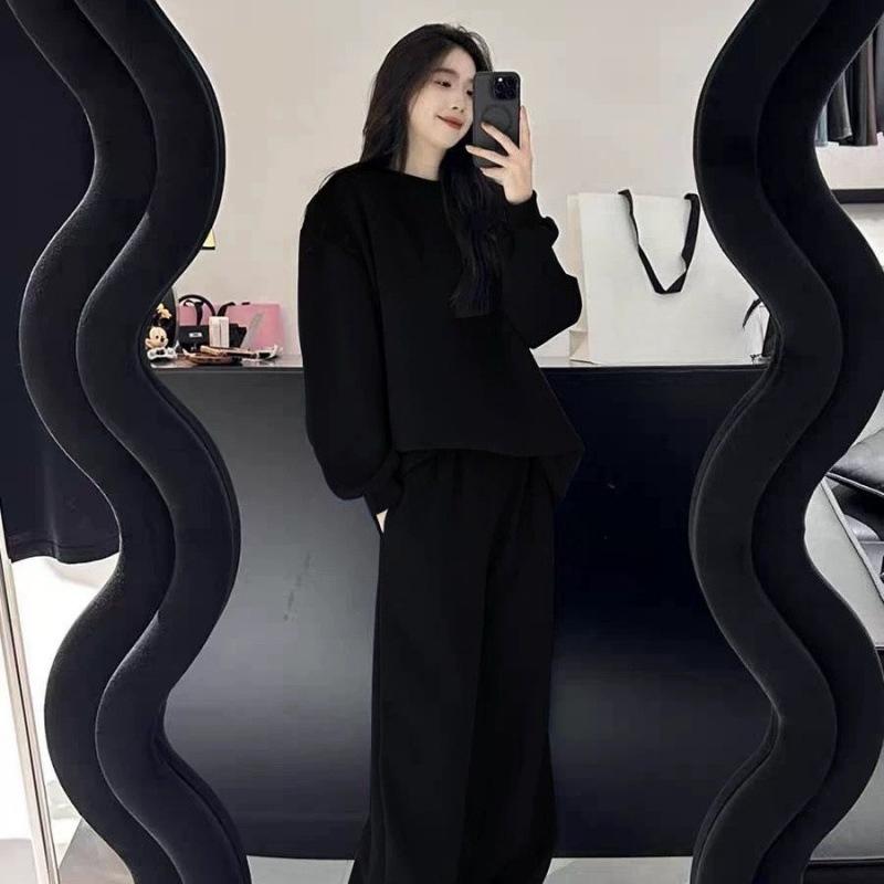 Autumn and Winter Solid Color Versatile Plus Velvet Thickened Sweatshirt Suit for Women Loose Casual Showing Flesh-covering Two-piece Set
