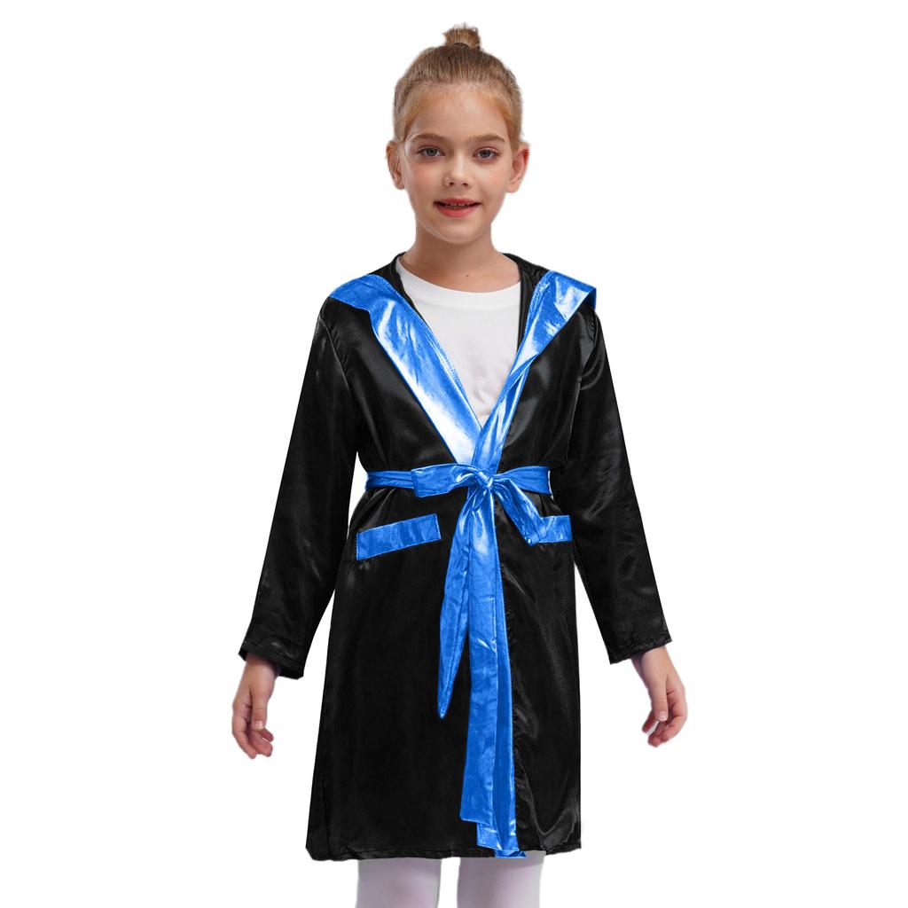 Kids Boys Boxing Robe Boxer Cosplay Costume Long Sleeve Metallic Trim Satin Hooded Cloak Kickboxing Gown for Halloween Party