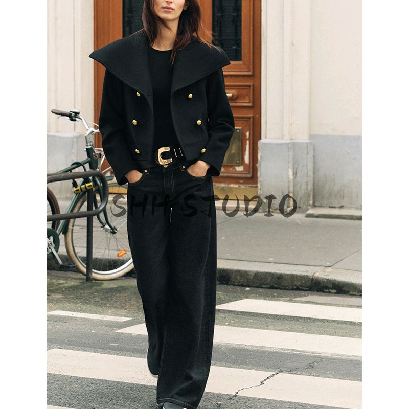 Spring New Women's Clothing Double Breasted Wide Lapel Long Sleeves Wool Blend Fashion Jacket Outwear 7522044