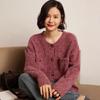 Women's Retro Floral Button-Up Cashmere Cardigan - Round Neck, Thick, Double Pocket, Slimming Knit Sweater for Autumn/Winter