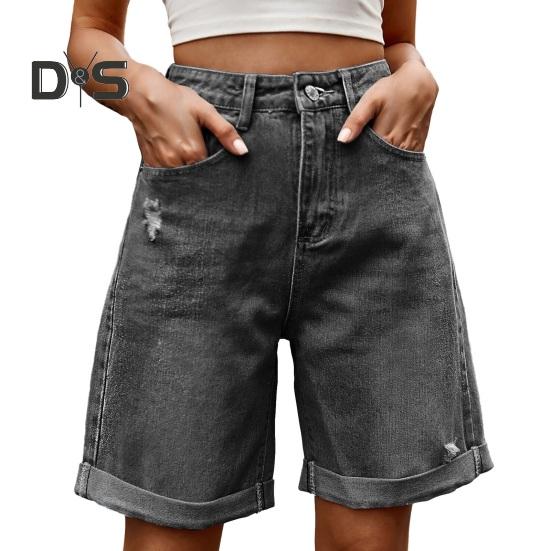 Καλοκαιρινά Γυναικεία Τζιν Σορτς Μήκους Μέχρι το Γόνατο Με Μέση που Φτάνει Μέχρι τη Μέση Ελαστικά Καθημερινά Φαρδιά Ίσια Πόδια Ξεβαμμένα με Μανσέτες Τζιν Σορτς Παντελόνια με Τσέπες