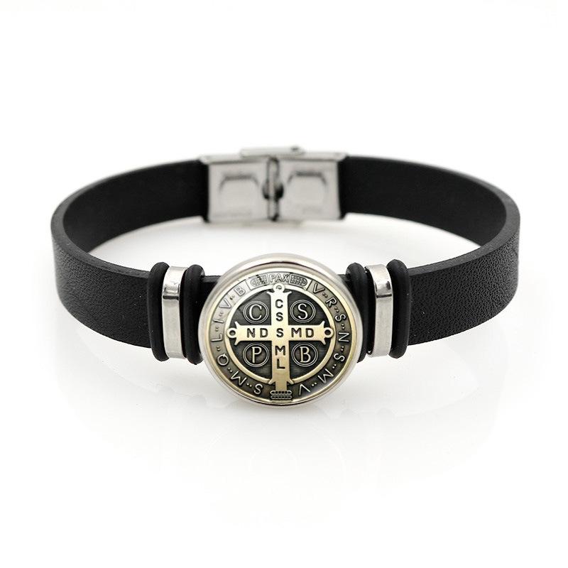 Benedict Saint Elegant Medal Adjustable Bracelet Stylish Black Leather Jewelry Gift Unisex