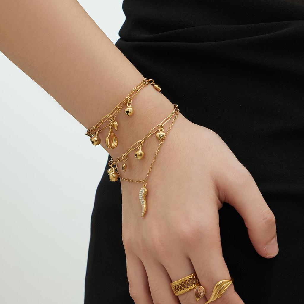 Stainless Steel Double Layer Bracelet with Zircon Chili Pendants - Elegant and Versatile Jewelry