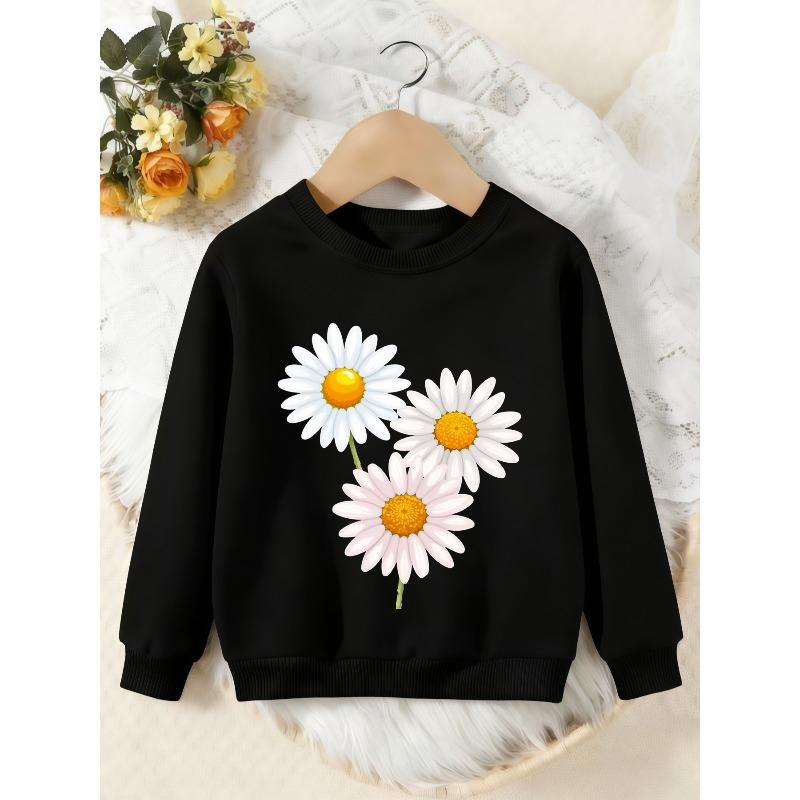 Unisex Kids Crewneck Sweatshirt, Cute White Daisy Floral Print Long Sleeve Pullover, Boys Girls Casual Sweatshirt For Kids Over 4 Years Old