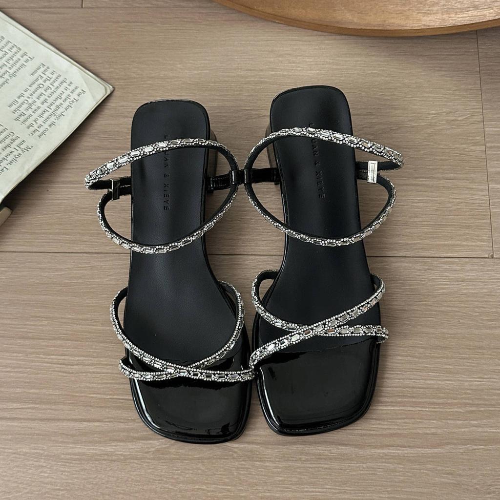 Coarse heel high heel rhinestone sandals women's summer wear 2025 new beautiful fashion temperament with skirt high heels