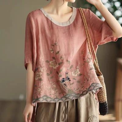 Cotton Linen Embroidered Floral Blouses Women's Chinese Classic Loose Shirt Top Casual Retro O Neck Short Sleeve Summer Shirts