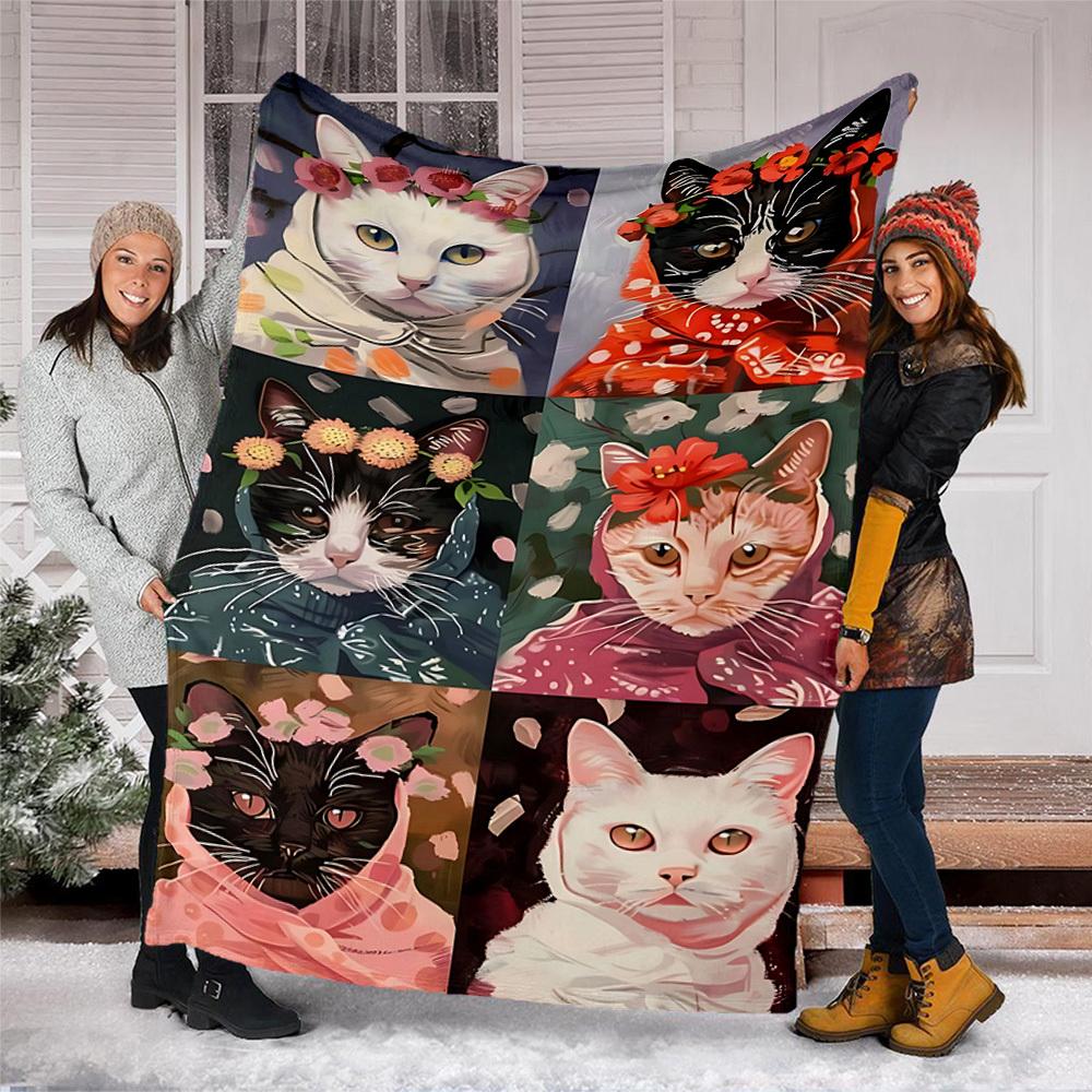 1pc Cat Art Prints Outdoor Flannel Blanket Soft All Season Polyester Throw , Perfect for Picnics & Travel , Picnic Accessory