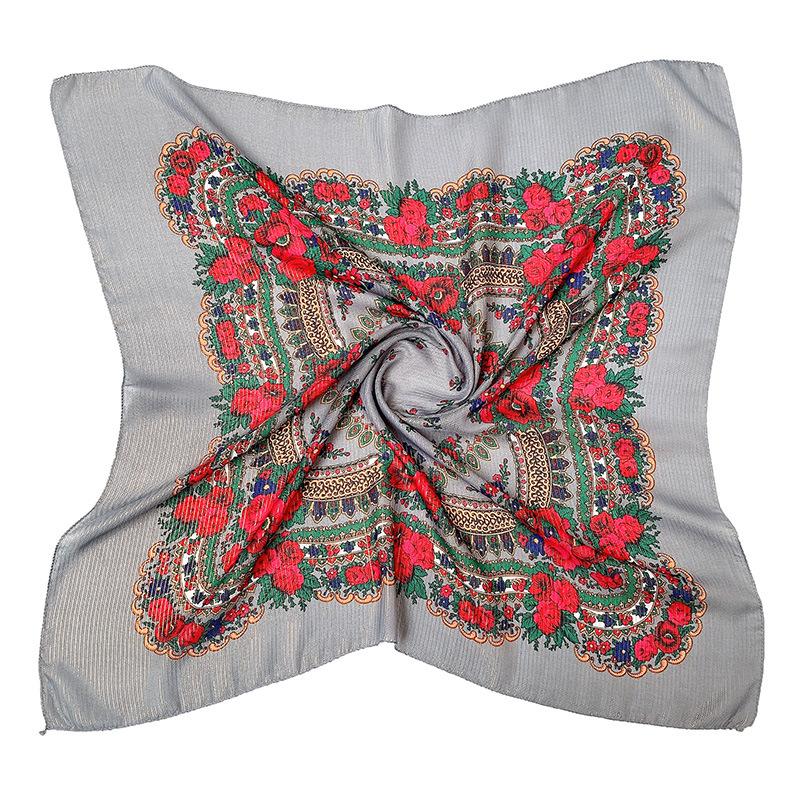 85Cm Gold Yarn Square Russian Scarf Women Floral Printed Shawl Female Bandana Head Wrap Headband Scarves Handkerchief