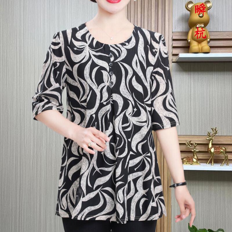 Summer Half Sleeve Blouse Stylish Vintage Printed Women's Clothing Casual Round Neck Button Folds Commute Spliced Loose Shirt