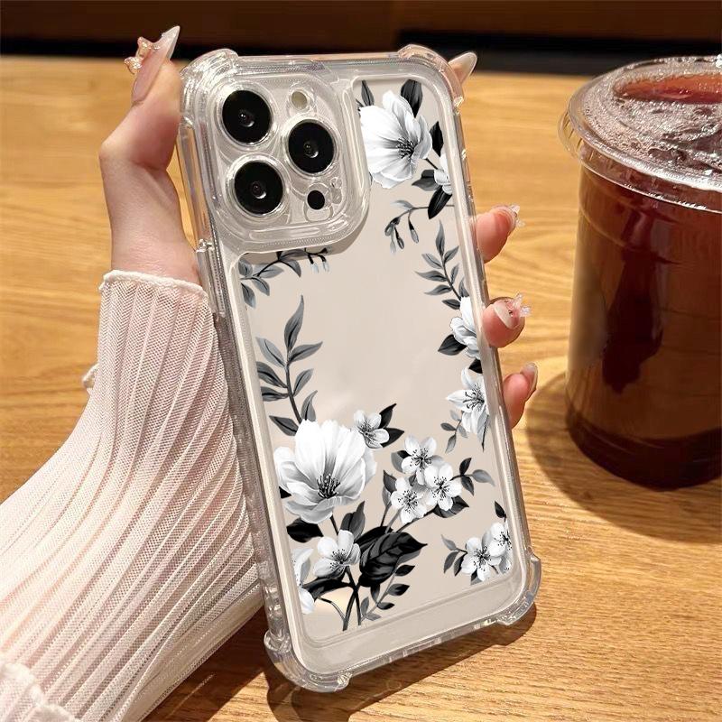 Floral Print Clear Slim Shockproof Case For iPhone 16 Pro 16E 15 Pro Max 14 13 12 11 Anti-Fall Soft Silicone Transparent Phone Cover