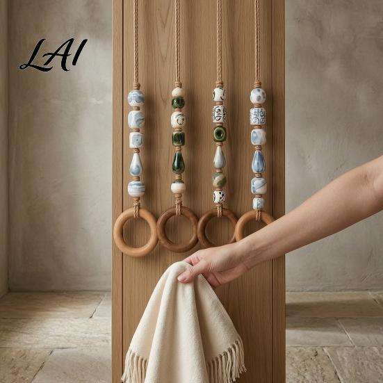 Versatile Towel Rack for Entryway Beaded Hanger with Wooden Ring Farmhouse Rustic Hand Holder Vintage Wall Mounted Storage Decorative Loop Bathroom