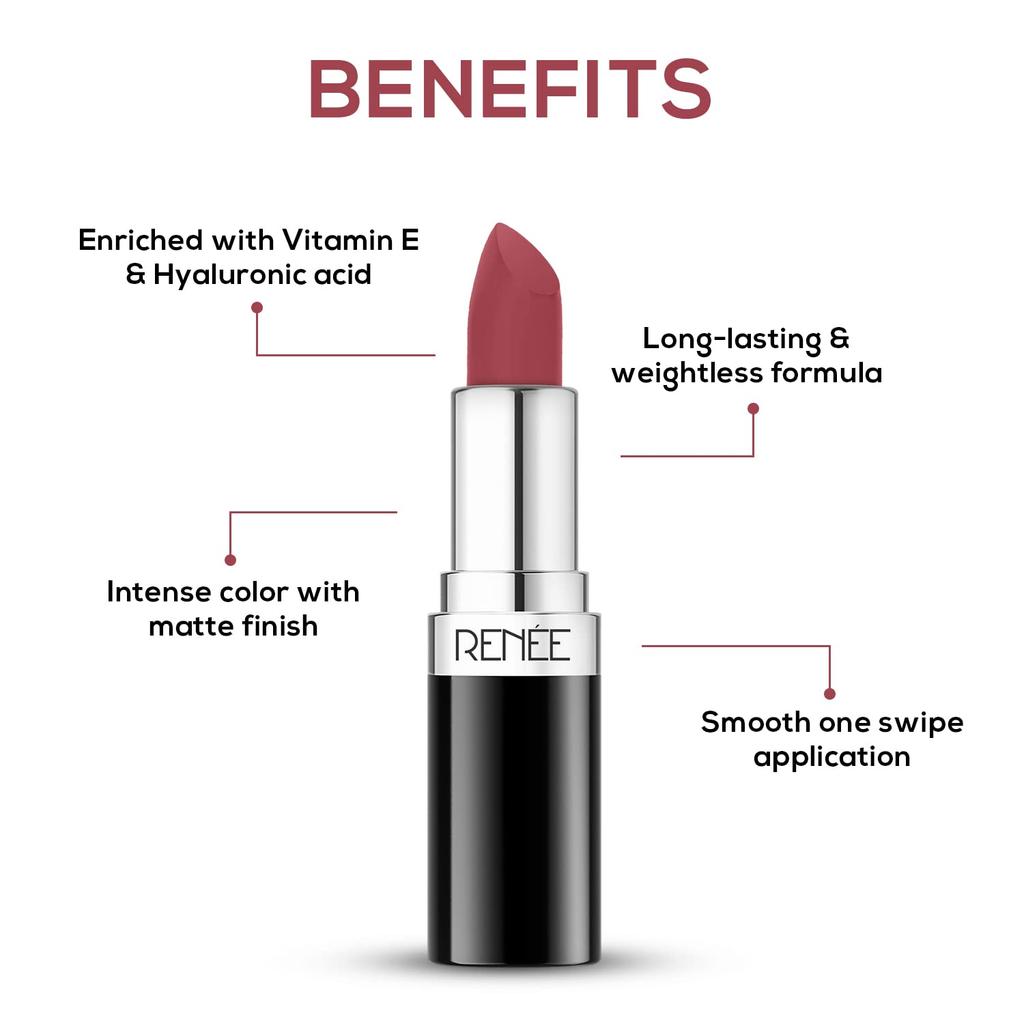 RENEE Stunner Matte Lipstick - Brave Heart 4gm| Intense Color Pay Off, Full Coverage Long Lasting Weightless Velvety Formula with One Swipe Applica