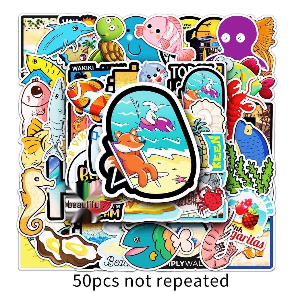 50 Ocean Series Graffiti Stickers - Cartoon Animals for DIY Skateboards, Water Bottles, and Suitcases (Waterproof)