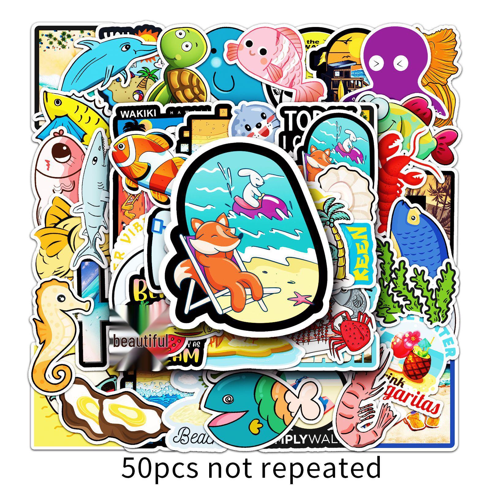 50 Ocean-Themed Cartoon Stickers for Journal, Laptop, Car, or Fridge Decoration