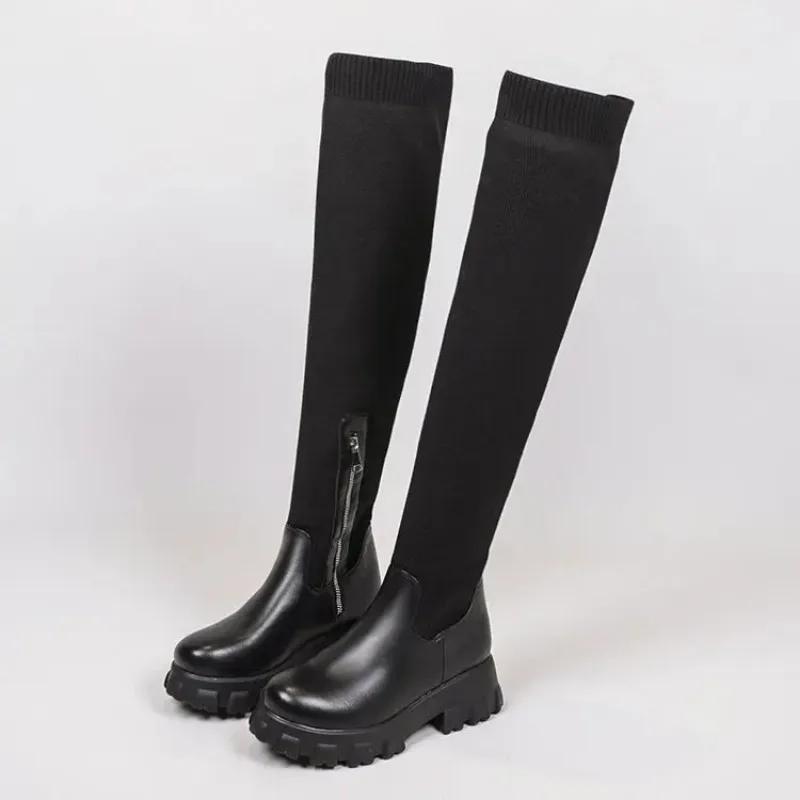 Women Thick Sole Boots 2024 Autumn Winter Breathable Knitting Sock Ladies Thigh High Boots Stretch Round Toe Shoes Plus Size 43