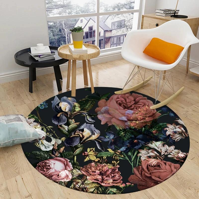 Peony Rose Flower Round Carpet Botanical Floral Area Rug Soft Non-slip Circle Floor Mat for Bedroom Living Room Chair Sofa Decor