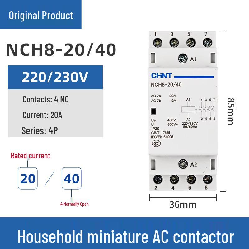 Chint Single-Phase AC Contactor NCH8-20/20, 20A, 240V, 2P, DIN Rail Mount