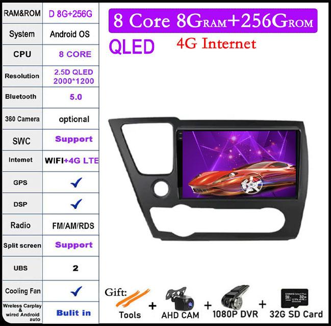 For Honda Civic 9 2013-2016 DSP Android 14 Car Radio Multimedia Video Player Navigation Stereo GPS Monitor
