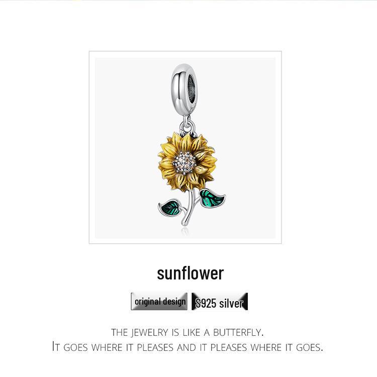 Sunflower S925 Silver Bracelet Pendant, Shining Sunflower DIY Beaded Accessories SCC2079