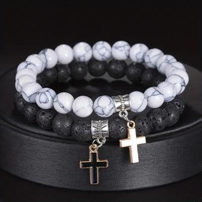 Handgefertigtes 8mm Vulkangestein Kreuz Paare Elastisches Seil für Männer Frauen Armband Schmuck Geschenk Naturstein