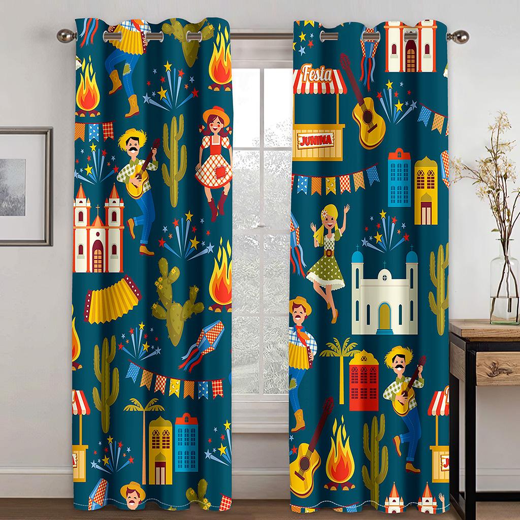 Animated Festa Junina village festival Luxurious Window Panel Drapes in Kids Bedroom Living Room Hall Treatments Kitchen Drapes Blinds