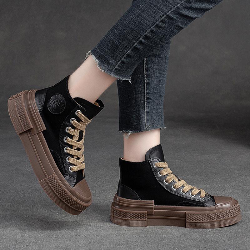 Johnature Pravá kůže Ženy Ležérní Ploché Šněrování s kulatou špičkou Silná podrážka Pohodlné boty na platformě