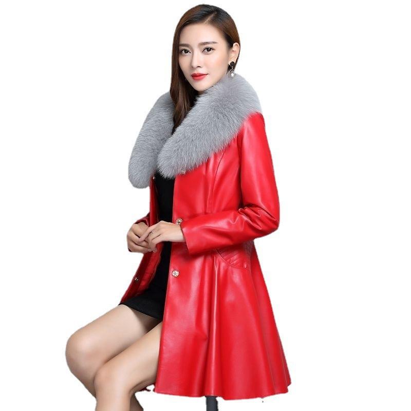 New Leather Jacket Women's Imitation Fox Fur Collar with Cotton Imitation Fur Jacket Medium and Long Slim and Thin Leather