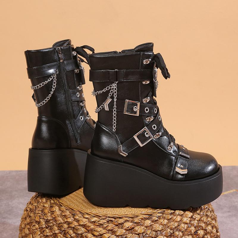 Fashion Punk Women Boots Fashion Rivet Shoes for Women Gothic Buckle Motorcycle Boots Platform Wedges Cool Nightclub Party Cosplay Shoes
