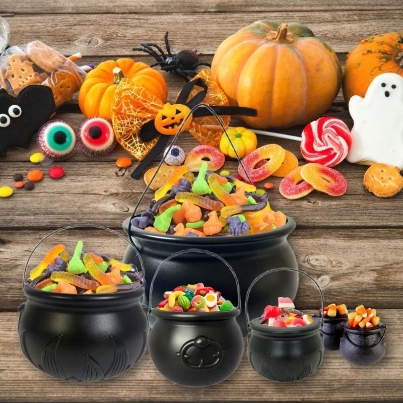 6 Piece Plastic Witch Cauldron Bucket Black Candy Container Treats Bowl for Halloween Party Supplies DIY Craft Decors