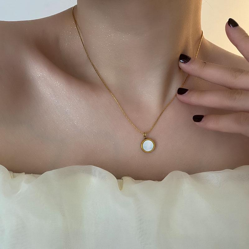 18K Gold Titanium Steel Necklace with White Mother-of-Pearl Pendant - Trendy, Minimalist French Design