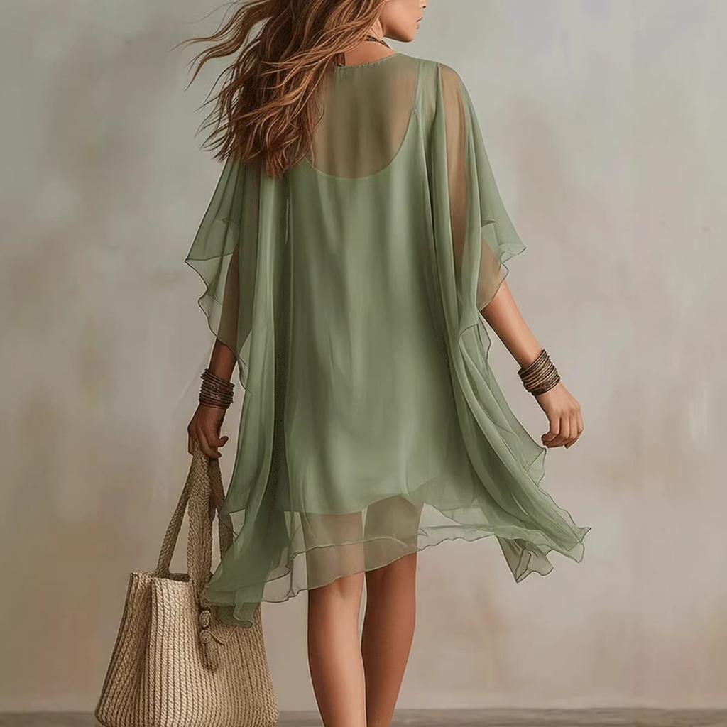 2026 Summer New European and American Women's Clothing V-neck Chiffon Dress Seaside Vacation Loose Blouse Beach Dress