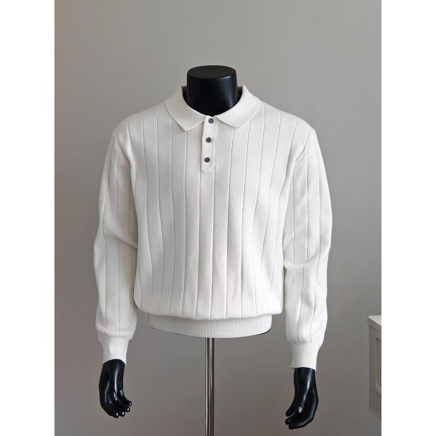 

Men s Retro Ribbed Long-Sleeve Polo, Core-Spun Yarn Knit Base Layer for Autumn/Winter. 2XL (145-155 jin) білий