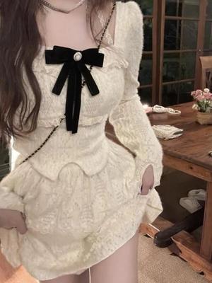 France Vintage Sweet Two Piece Set Women Patchwork Bow Elegant Party Princess Skirts Suit Female Korean Fashion Lace Slim Casual Sets 2024 New