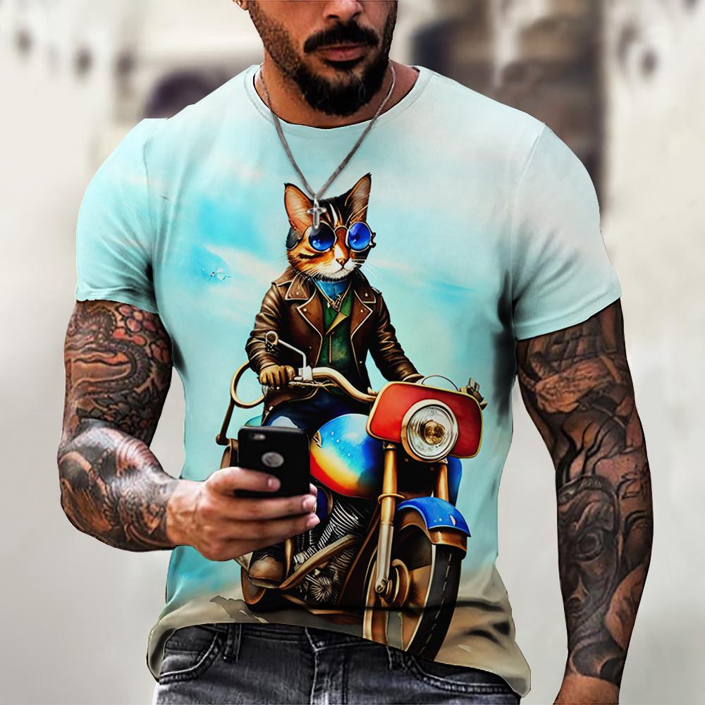 Handsome Motorcycle Cat 3D Print Summer Men's Round Neck T-shirt Casual Short Sleeve Oversized Pullover Fashion Trend Men Clothing