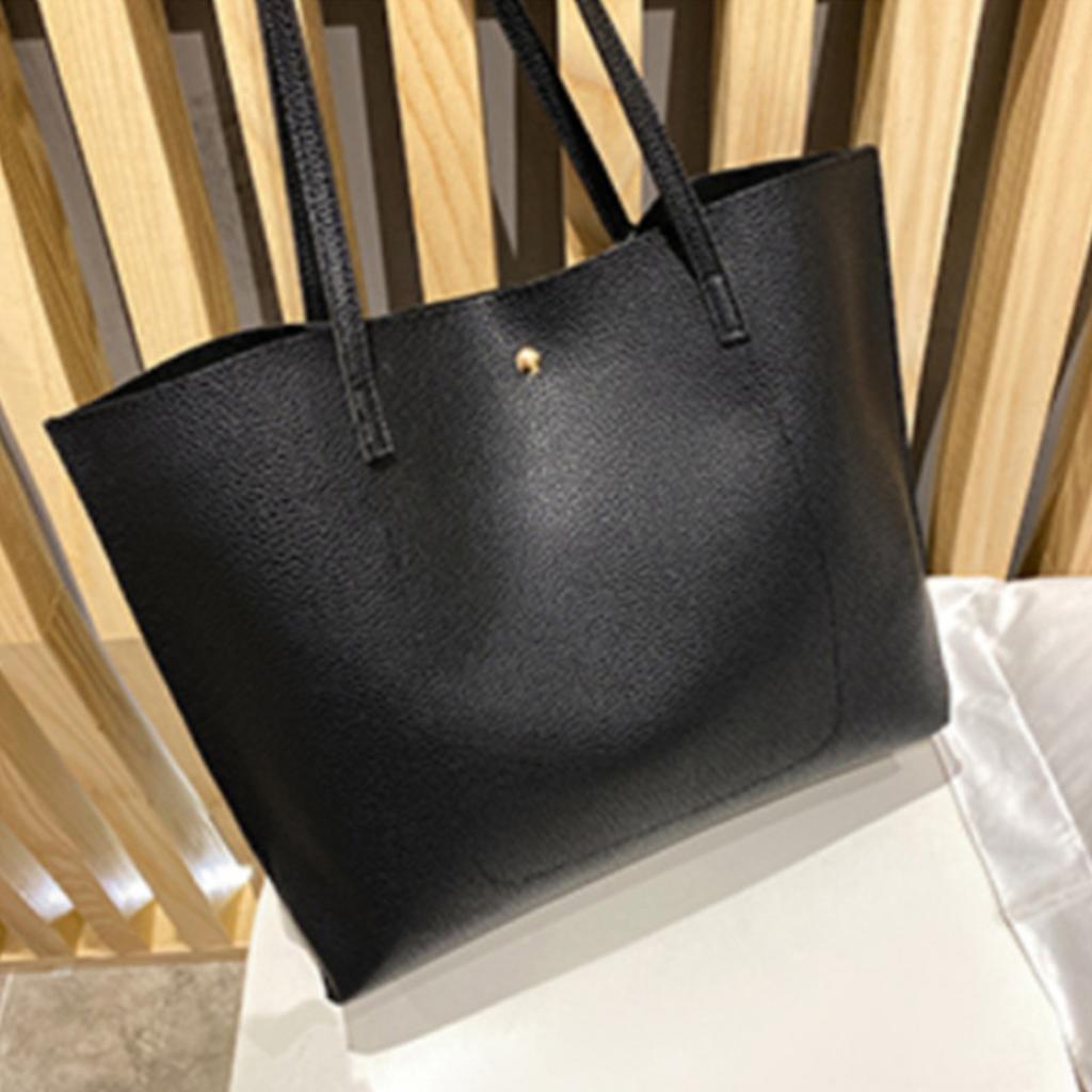 Women Tote Bag Large Capacity Black Simple Trendy PU Handbag Practical Tote Shoulder Bag Black Free Size