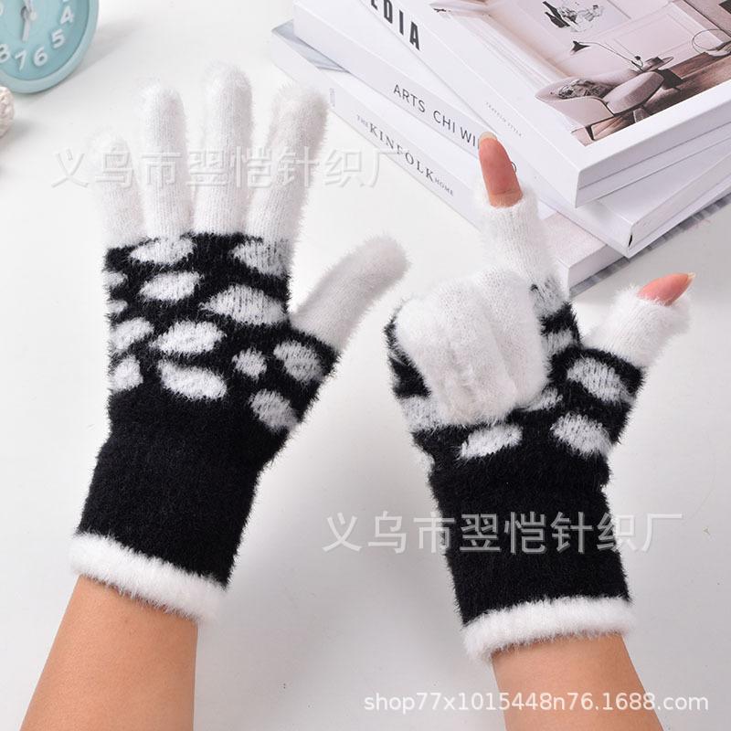 Gloves women's winter open fingers thickened warm male and female students writing cold-proof plush panda antifreeze gloves