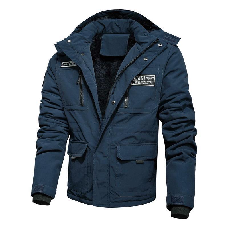 

Зимняя мужская бархатная утолщенная теплая хлопковая куртка, деловая повседневная хлопковая куртка среднего возраста с капюшоном для мужчин XXXXL синий