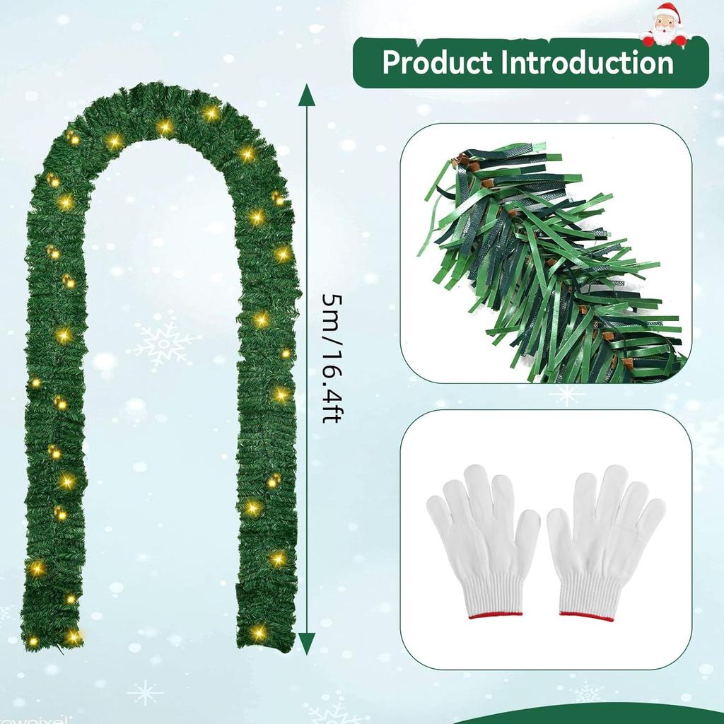 16.4FT/5M Christmas Garland with 100 LEDs Lights, Artificial Greeny Christmas Decorations Wreath for Fireplace Stair Front Door