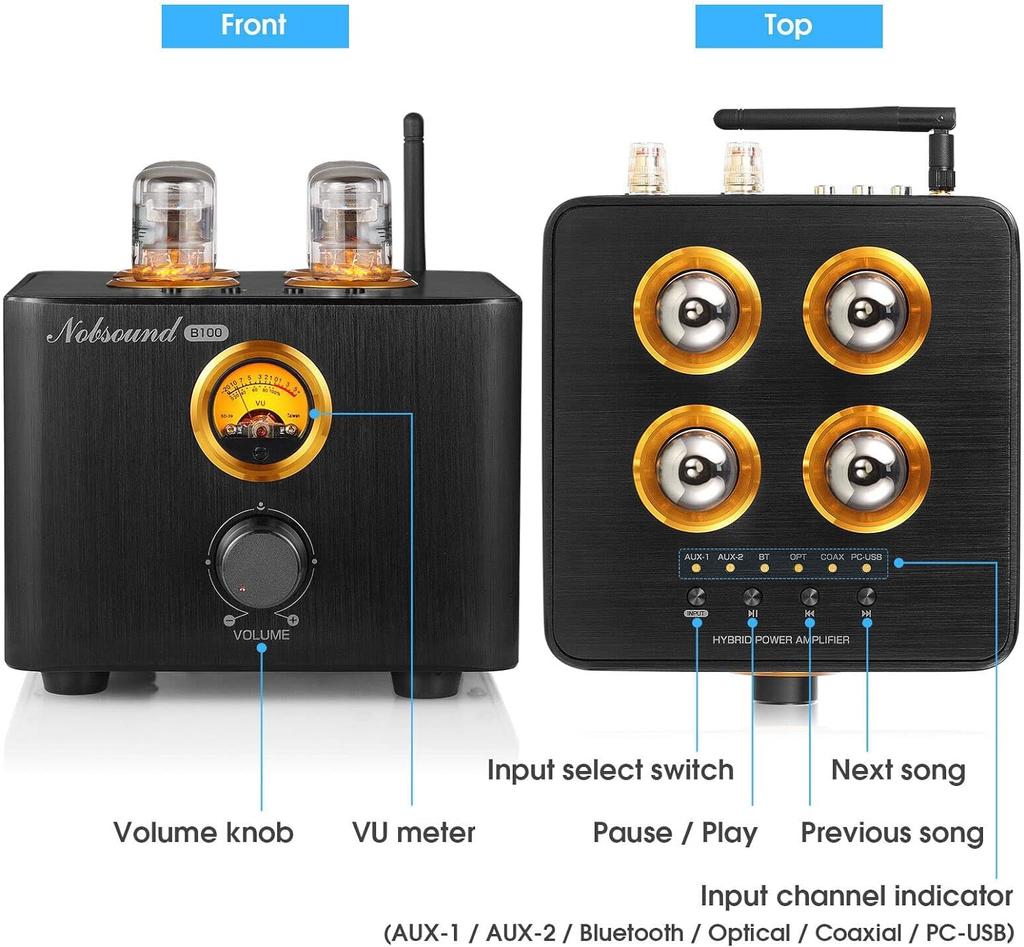 Nobsound B100 Premium Bluetooth 5.0 Vacuum Tube Amplifier with USB DAC, COAX/OPT Integrated Amplifier and Power Amplifier (B100)