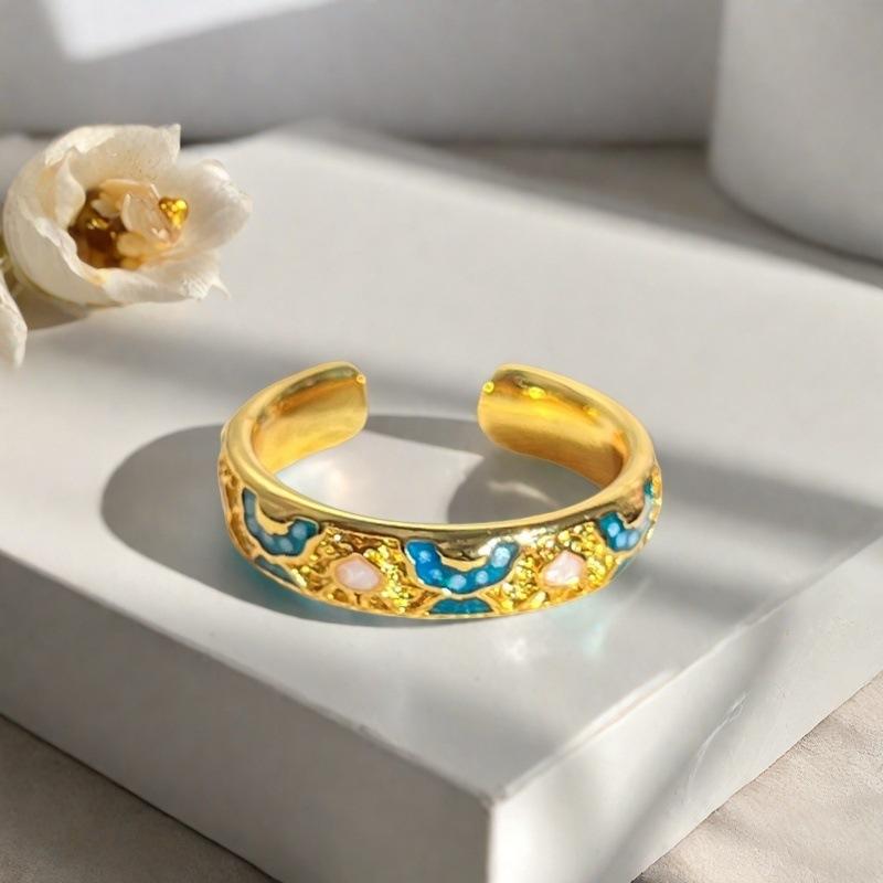 French Retro Enamel Dripping Open Ring, National Tide Texture Flower Niche Design Ring
