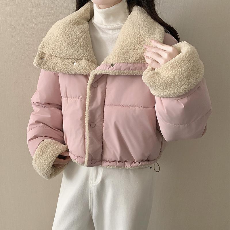 College style lapel jacket women's imitation lamb wool cotton clothes loose double-sided wear bread clothes and cotton-padded clothes outside winter